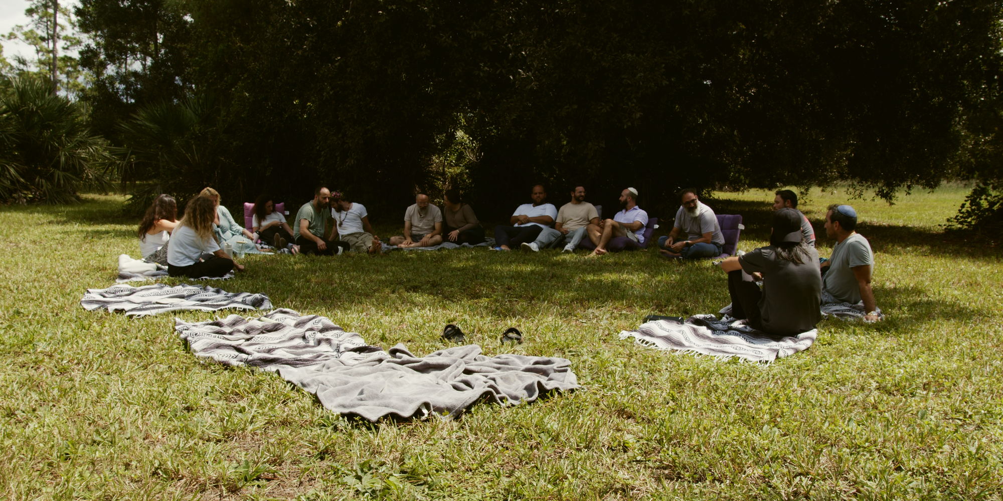 A wide circle of people sitting together on blankets on the open lawn, trees behind them.